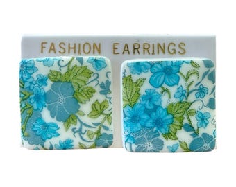 Vintage 1980s NOS Blue Floral Square Stud Earrings Cottagecore NWT
