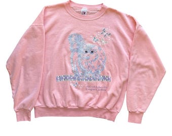 Vintage 1988 Harrah’s Del Rio Laughlin NV Cat Sweatshirt Pink USA XL Cute Kawaii