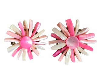 1950s vintage pink shell floral clip on earrings