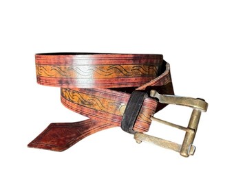 1970s Pisces Zodiac Buckle Hippie Belt, Tooled Leather Belt  display picture 2