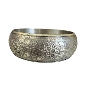 Vintage Chased Silverplated Floral Wide Bangle Bracelet 1 Inch Boho