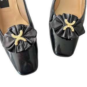 Vintage 1980s shoe clips black and gold, faux leather rhinestone