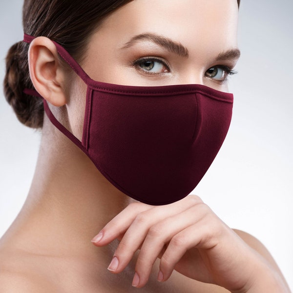 PACK of 5PCS, Reusable Burgundy (Wine) Color Cotton Face Mask, Filter Pocket, Two Layers, Adjustable Tie Strap Earloop (length 8")