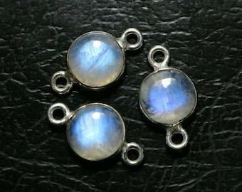 5 Pieces Rainbow Moonstone Round Shape Sterling Silver Connector, 925 Sterling Silver Natural Rainbow Moonstone Connector 8 MM