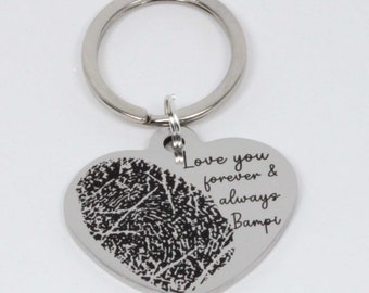 Personalized Fingerprint Heart Keyring: Engraved Handwriting Memory Gift