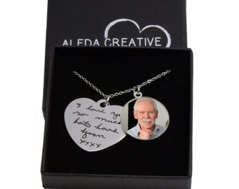 Heart Handwriting Necklace: Personalised Photo & Handwriting Necklace, Custom Engraved Pendant with Handwritten Message, Memorial Keepsake
