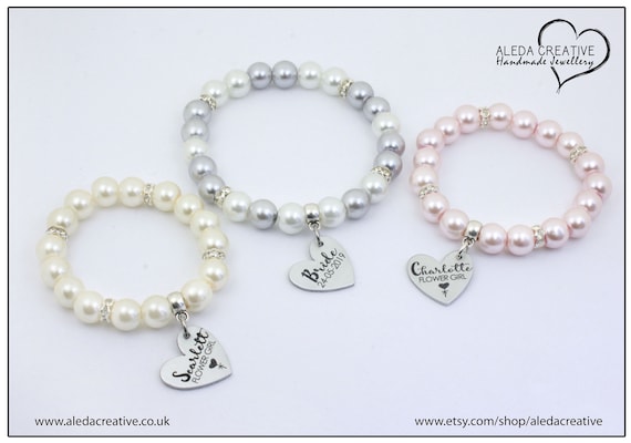 Flower Girl Thank you Present Personalised Pearl Bracelet Wedding,Bridesmaid