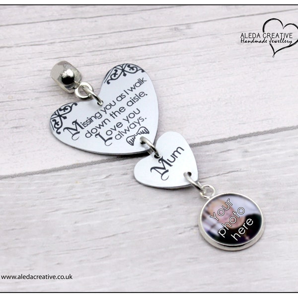 Wedding Bouquet Photo Memory Charm Missing You As I Walk Down the Aisle, Bridal Pendant Memorial Remembrance Jewellery Family