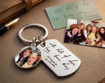 Personalised Photo & Handwriting Keyring, Custom Engraved Pendant with Handwritten Message, Memorial or Keepsake Gift, custom photo gift