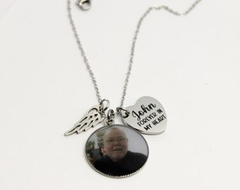 Photo Memorial Necklace: Engraved Heart & Angel Wing, Sympathy Gift
