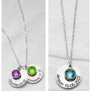 Personalized Birthstone Necklace: Stainless Steel Name Disc, Gift for Mum