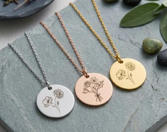 Birth Flower Necklace, gift for her, Custom Family Flower Bouquet Necklace, Engraved Flower Necklace, Personalized Birthday Gift, Mums gift