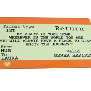 Pu&ograve; includere: Un biglietto verde chiaro e arancione con il testo "Ticket type 1ST Return" e il messaggio "Il mio cuore &egrave; la tua casa. Ovunque tu sia nel mondo, avrai sempre un posto dove stare. Goditi il viaggio." Il biglietto dice anche "Da MAMMA A LAURA" e "Valido NON SCADE MAI".