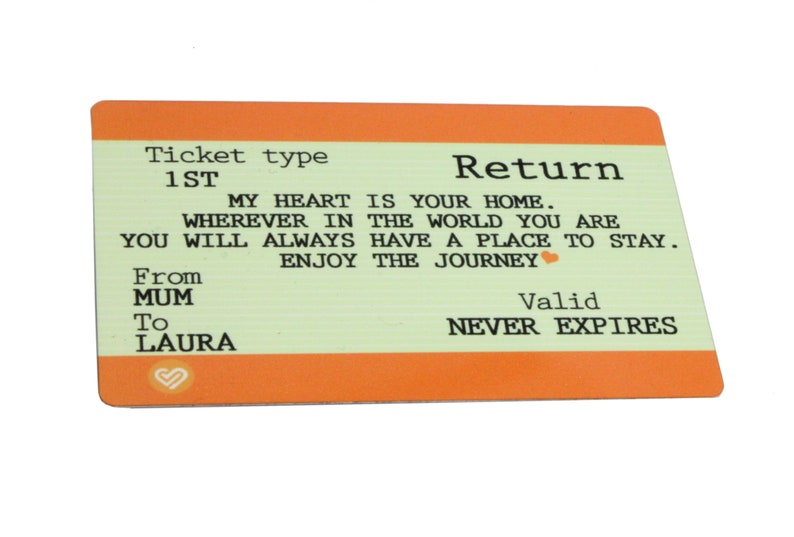 Pu&ograve; includere: Un biglietto verde chiaro e arancione con il testo "Ticket type 1ST Return" e il messaggio "Il mio cuore &egrave; la tua casa. Ovunque tu sia nel mondo, avrai sempre un posto dove stare. Goditi il viaggio." Il biglietto dice anche "Da MAMMA A LAURA" e "Valido NON SCADE MAI".