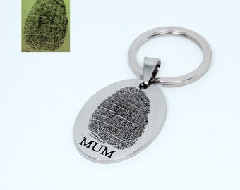 May include: Silver oval keychain with a fingerprint design and the word "MUM" engraved on it.