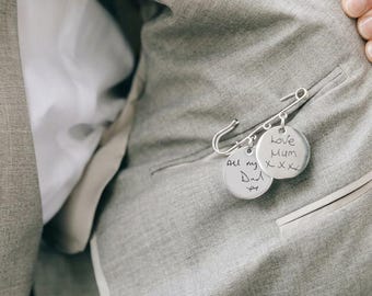 Handwriting Pin Charm, Personalised Wedding Keepsake, Custom Signature Charm, Memorial & Memory Jewellery Gift
