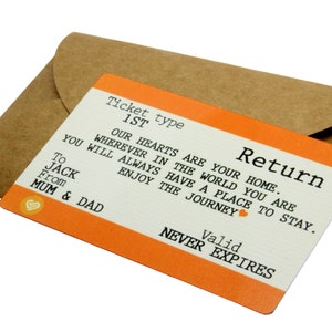 Pu&ograve; includere: Carta arancione e bianca con il testo "Ticket type 1ST Return" e "OUR HEARTS ARE YOUR HOME. WHEREVER IN THE WORLD YOU ARE YOU WILL ALWAYS HAVE A PLACE TO STAY. ENJOY THE JOURNEY" con una piccola icona a forma di cuore. La carta dice anche "To JACK From MUM & DAD" e "Valid NEVER EXPIRES".