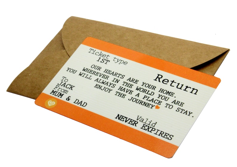 Pu&ograve; includere: Carta arancione e bianca con il testo "Ticket type 1ST Return" e "OUR HEARTS ARE YOUR HOME. WHEREVER IN THE WORLD YOU ARE YOU WILL ALWAYS HAVE A PLACE TO STAY. ENJOY THE JOURNEY" con una piccola icona a forma di cuore. La carta dice anche "To JACK From MUM & DAD" e "Valid NEVER EXPIRES".