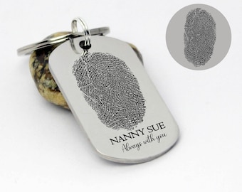 May include: Silver keychain with a fingerprint design and the text "NANNY SUE Always with you".