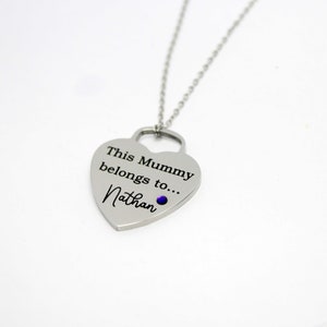 Personalized Birthstone Necklace: Stainless Steel Heart Charm, Mummy Gift