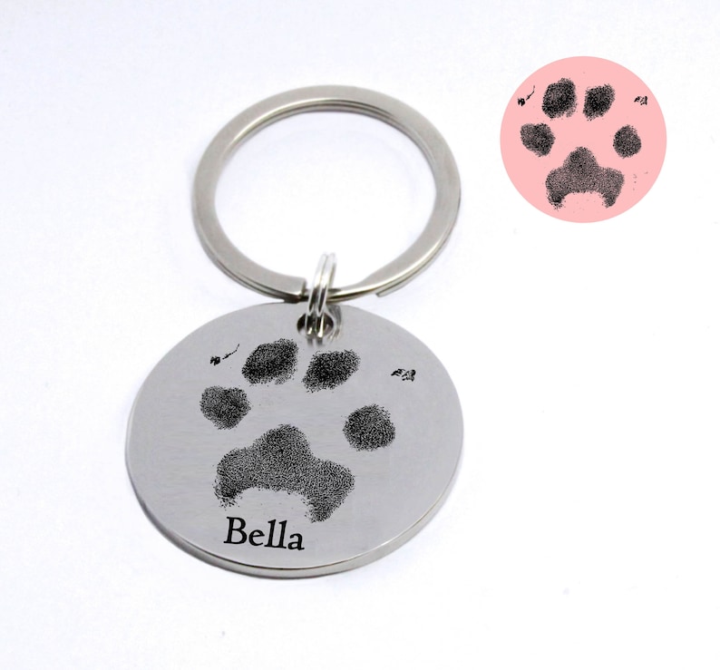 Actual Paw Keyring, Engraved pawprint, Pet Memorial Gifts, Cat Dog Pawprint, Pet Jewelry, Pet Name, Custom Pet Paw Print Keyring, pet loss image 1