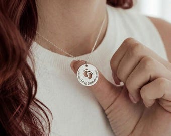 Personalized New Mum Necklace: Baby Name & Date Stainless Steel Charm