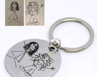 Kid's art keyring, Kids drawing, Handwriting keyring, actual child drawing keyring, Handwriting gift, Engraved Handwriting, Custom Artwork