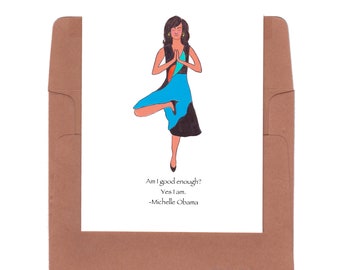 Michelle Obama card, mother's day card, yoga card, tree pose, Michelle Obama quote