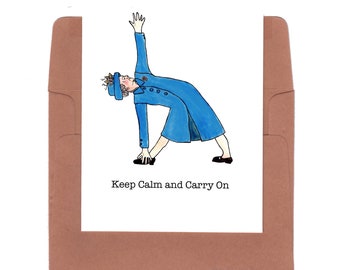 Queen Elizabeth II Card, keep calm and carry on card, yoga card, yoga art, yoga illustration, covid card, the queen, her majesty