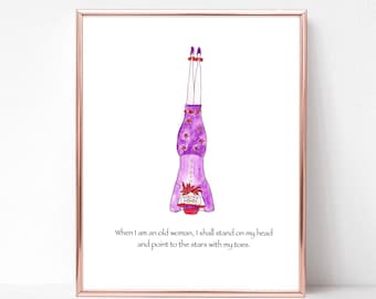 yoga card, yoga headstand, whimsical yoga art, yoga art, wise woman, mothers day, whimsical yoga print, when i am an old woman poem, strong