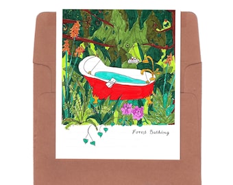 forest bathing, shinrin yoku, forest lover, forest bathing art, forest bathing print, bathtub card, bathtub art, serenity card