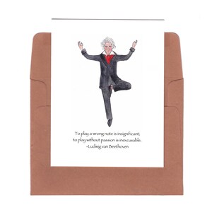 Puede incluir: Una ilustraci&oacute;n de acuarela de una persona con un traje negro y corbata roja realizando una pose de yoga. La cita "Tocar una nota incorrecta es insignificante; tocar sin pasi&oacute;n es inexcusable. -Ludwig van Beethoven" est&aacute; impresa debajo de la ilustraci&oacute;n.