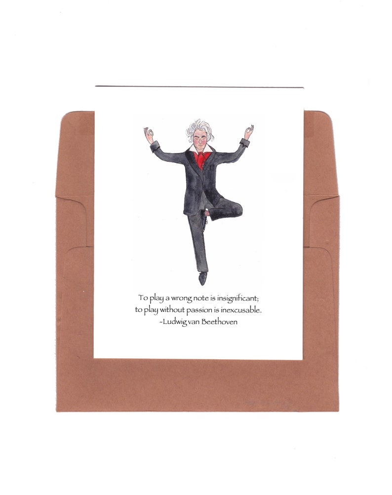 Puede incluir: Una ilustraci&oacute;n de acuarela de una persona con un traje negro y corbata roja realizando una pose de yoga. La cita "Tocar una nota incorrecta es insignificante; tocar sin pasi&oacute;n es inexcusable. -Ludwig van Beethoven" est&aacute; impresa debajo de la ilustraci&oacute;n.