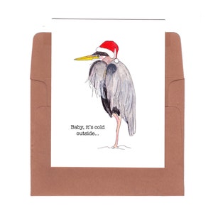 Kerstkaart, kerstreiger kerstkaart, baby it's cold outside card, grillige kerstkaart met reiger, kerstwenskaart