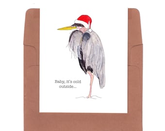 Christmas note card, Christmas heron holiday card, baby it's cold outside card, whimsical Christmas card with heron, christmas greeting card