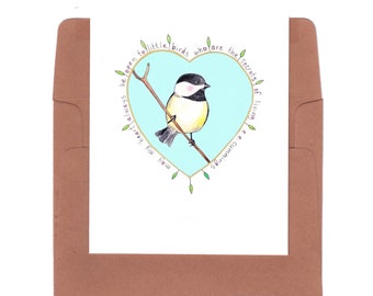Chickadee, chickadee card, e.e. cummings quote, may my heart, little bird card, whimsical bird card, heart card, heart art, bird art
