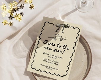 Hand-Drawn New Year's Eve Party Invitation with Bow | Digital Download | Customizable NYE Invite | New Year's Celebration Invite
