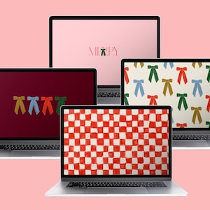 May include: Four laptop screens displaying different digital designs. The top screen has a pink background with the word "MERRY" in white text with a green Christmas tree icon. The second screen has a red and white checkered pattern. The third screen has a burgundy background with four colorful bows. The fourth screen has a white background with a repeating pattern of colorful bows.