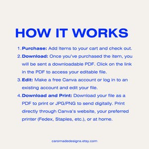 May include: A blue text graphic on a white background explains how to purchase, download, edit, and print a digital product. The text includes the words "How It Works", "Purchase", "Download", "Edit", and "Download and Print".