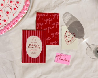 Galentine's Day Dinner Party Set | Hand-Drawn Vintage Invitation, Place Cards & Menu Templates with Bows | Digital Download | Party Decor