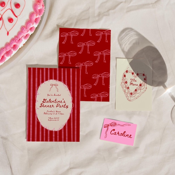Galentine's Day-dinerset | Handgetekende vintage uitnodiging, plaatskaarten en menusjablonen met strikken | Digitale download | Feestdecoratie