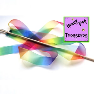 6' RIBBON WAND Rainbow ribbon on 16" handle with spinner swivel and bell plus second 6' ribbon of choice