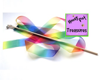 6' RIBBON WAND Rainbow ribbon on 16" handle with spinner swivel and bell plus second 6' ribbon of choice