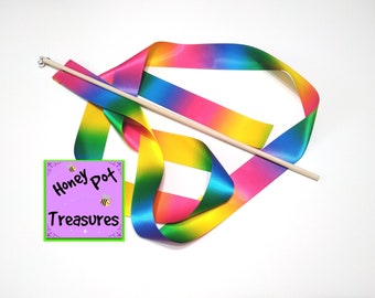 RIBBON WAND 6' Rainbow satin ribbon on 16" handle with spinner swivel and bell for cheer, dance, and fun.