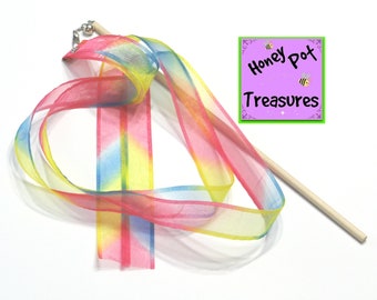 3' RIBBON WAND, 2 Angled Rainbow ribbons on 12" handle with spinner swivel and bell for praise, cheer, dance, worship, and fun