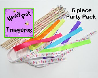 6piece RIBBON WANDs Pack 2' Happy Birthday ribbon on 16" wand with spinner swivel, and bell for kid cheer dance fun play boy girl party