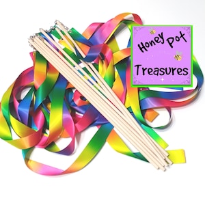 12count RIBBON WAND Party Pack, 5 &#39;Regenbogen Satinbänder auf 40 cm langen Zauberstäben mit Spinner Swivel & Glocke für Cheer Rhythmus Dance Kid Fun Twirl