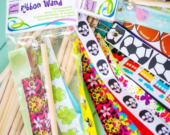 2' RIBBON WANDs Party Packs.  3count, 4count, or 6count.  Each wand has two 2' ribbons on 12" handle with spinner swivel and bell.