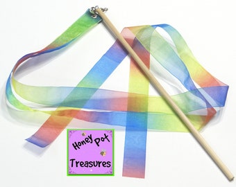 3' Rainbow RIBBON WAND, two ribbons on a 12" handle with spinner swivel and bell for cheer, dance, twirl, and fun.
