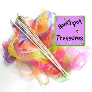 6count RIBBON WAND Party Pack, zwei 6 &#39;Shimmer Sheer Ribbons auf 40 cm Griff mit Spinner Swivel und Glocke für Jubel, Tanz, Anbetung, Spaß.